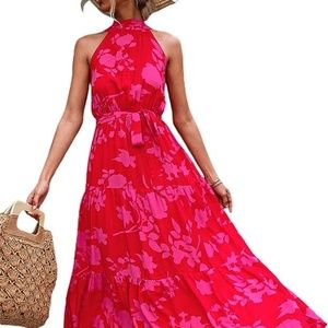 Sleeveless Halterneck Pink Red Floral Maxi Dress